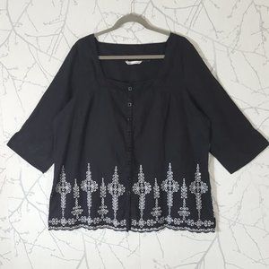 Edward Woman Black Linen Embroidered Square Neck Blouse